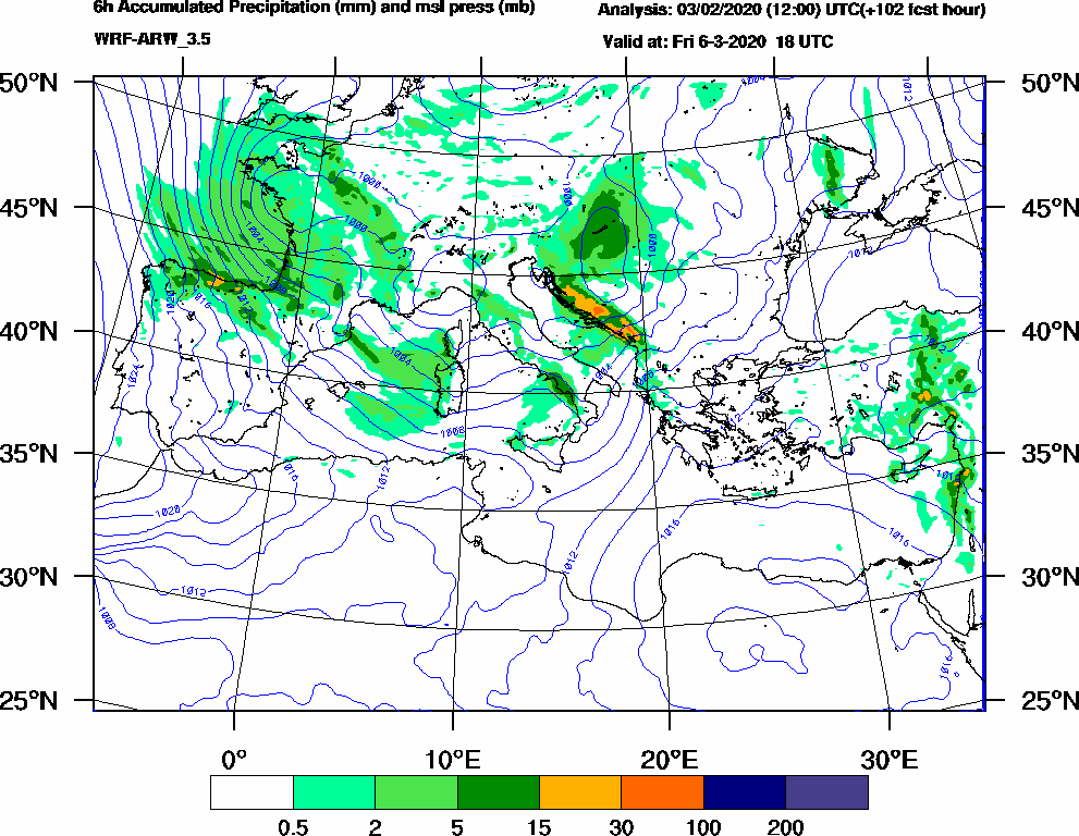 6h Accumulated Precipitation (mm) and msl press (mb) - 2020-03-06 12:00