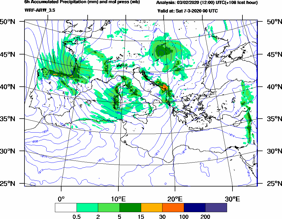 6h Accumulated Precipitation (mm) and msl press (mb) - 2020-03-06 18:00