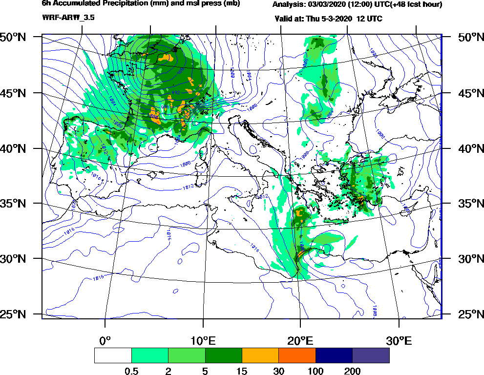 6h Accumulated Precipitation (mm) and msl press (mb) - 2020-03-05 06:00