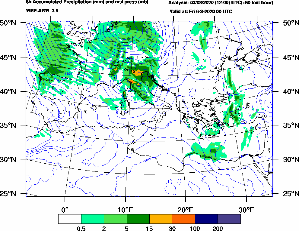 6h Accumulated Precipitation (mm) and msl press (mb) - 2020-03-05 18:00