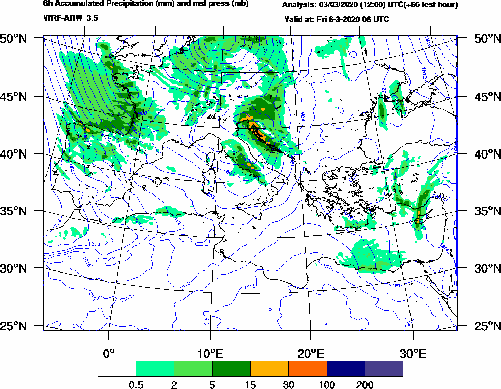 6h Accumulated Precipitation (mm) and msl press (mb) - 2020-03-06 00:00