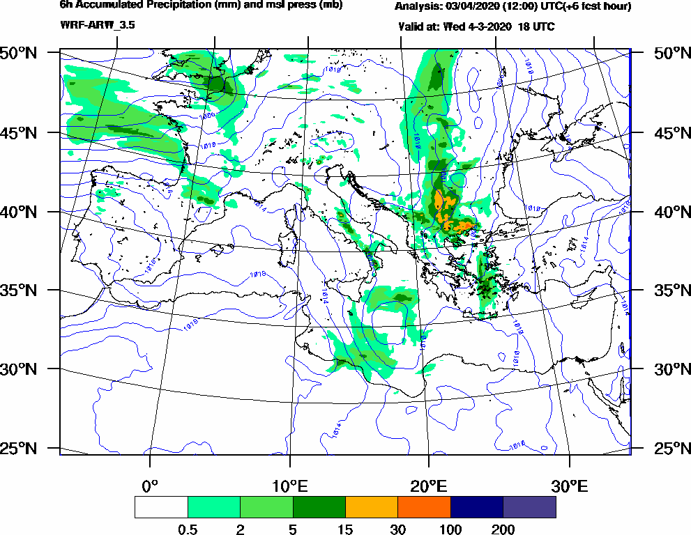 6h Accumulated Precipitation (mm) and msl press (mb) - 2020-03-04 12:00