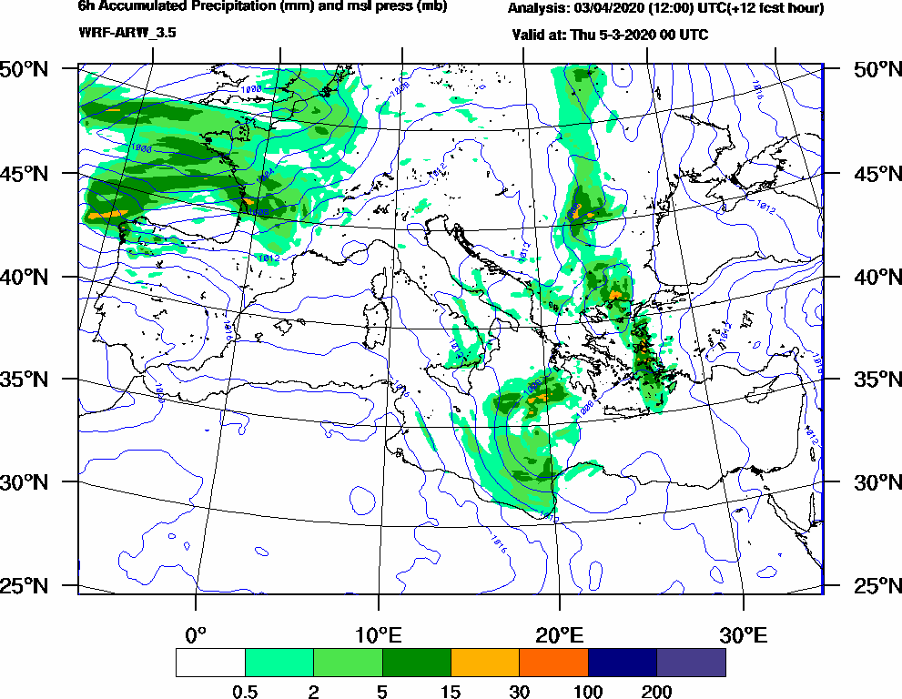 6h Accumulated Precipitation (mm) and msl press (mb) - 2020-03-04 18:00