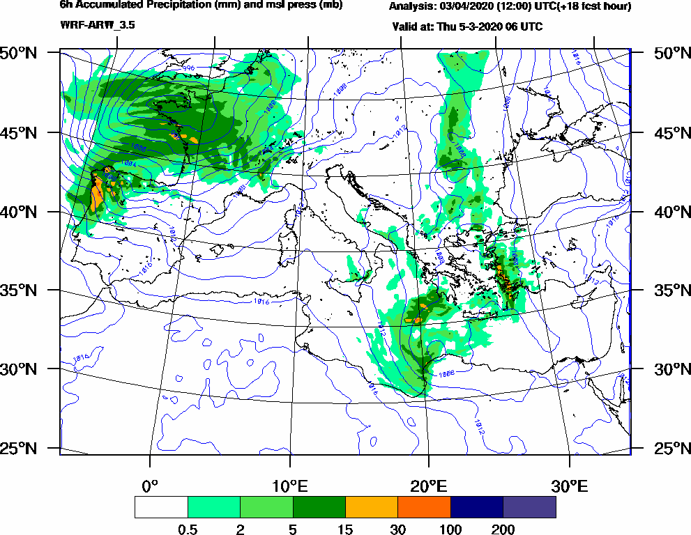 6h Accumulated Precipitation (mm) and msl press (mb) - 2020-03-05 00:00