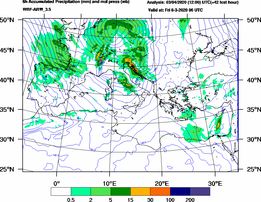 6h Accumulated Precipitation (mm) and msl press (mb) - 2020-03-06 00:00