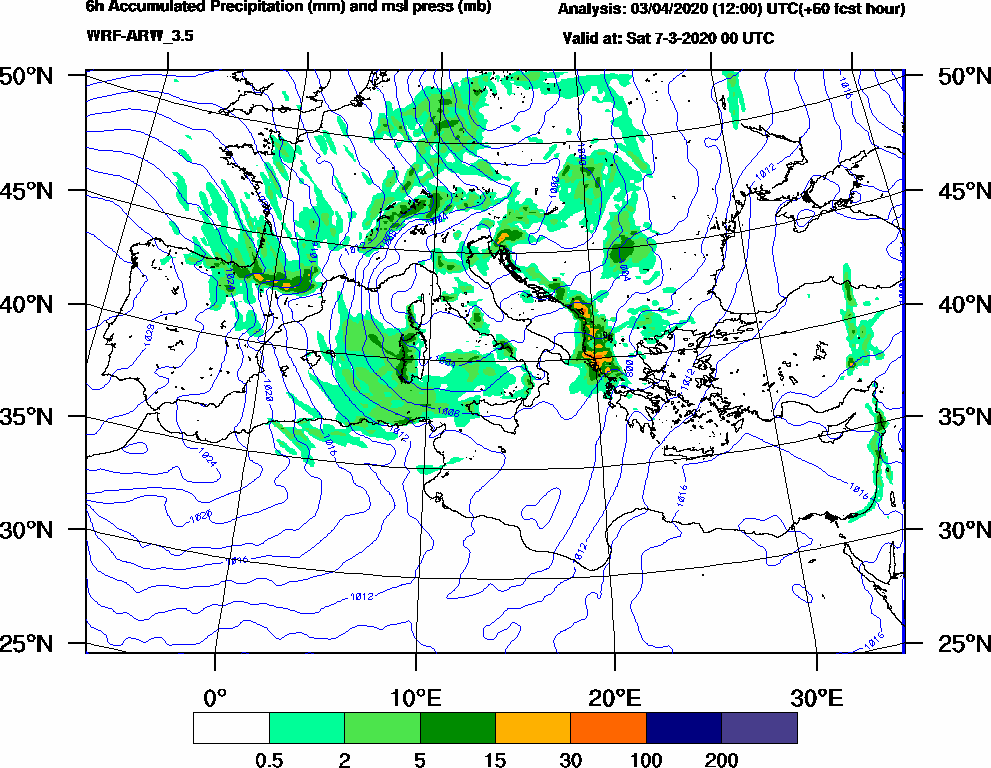 6h Accumulated Precipitation (mm) and msl press (mb) - 2020-03-06 18:00