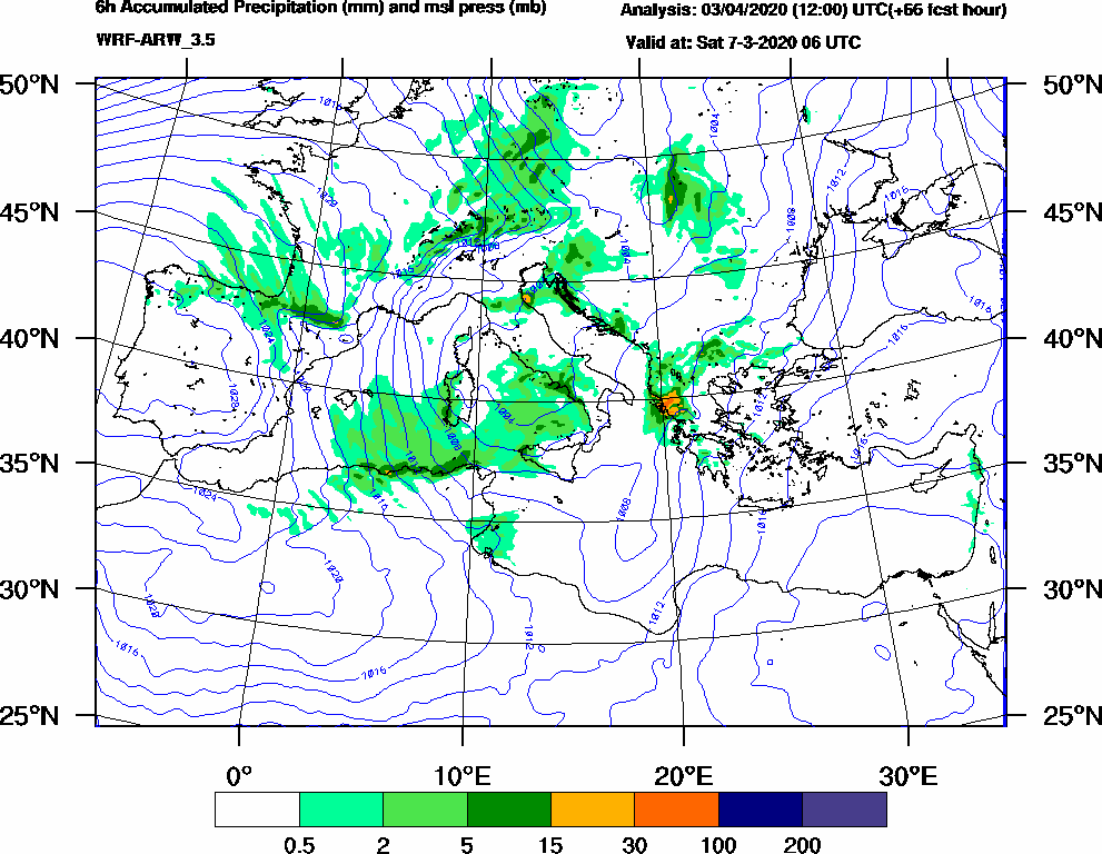 6h Accumulated Precipitation (mm) and msl press (mb) - 2020-03-07 00:00