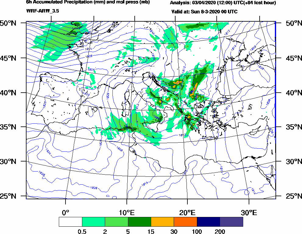 6h Accumulated Precipitation (mm) and msl press (mb) - 2020-03-07 18:00