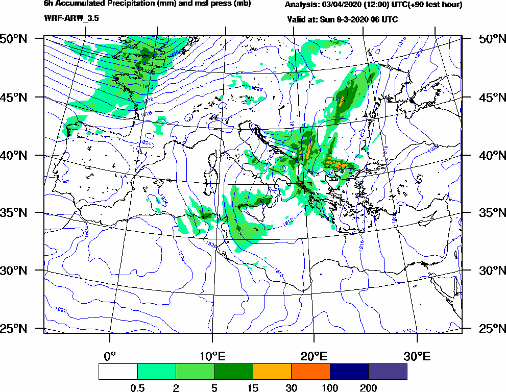 6h Accumulated Precipitation (mm) and msl press (mb) - 2020-03-08 00:00