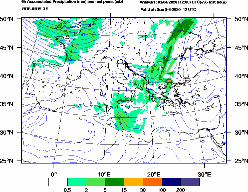 6h Accumulated Precipitation (mm) and msl press (mb) - 2020-03-08 06:00