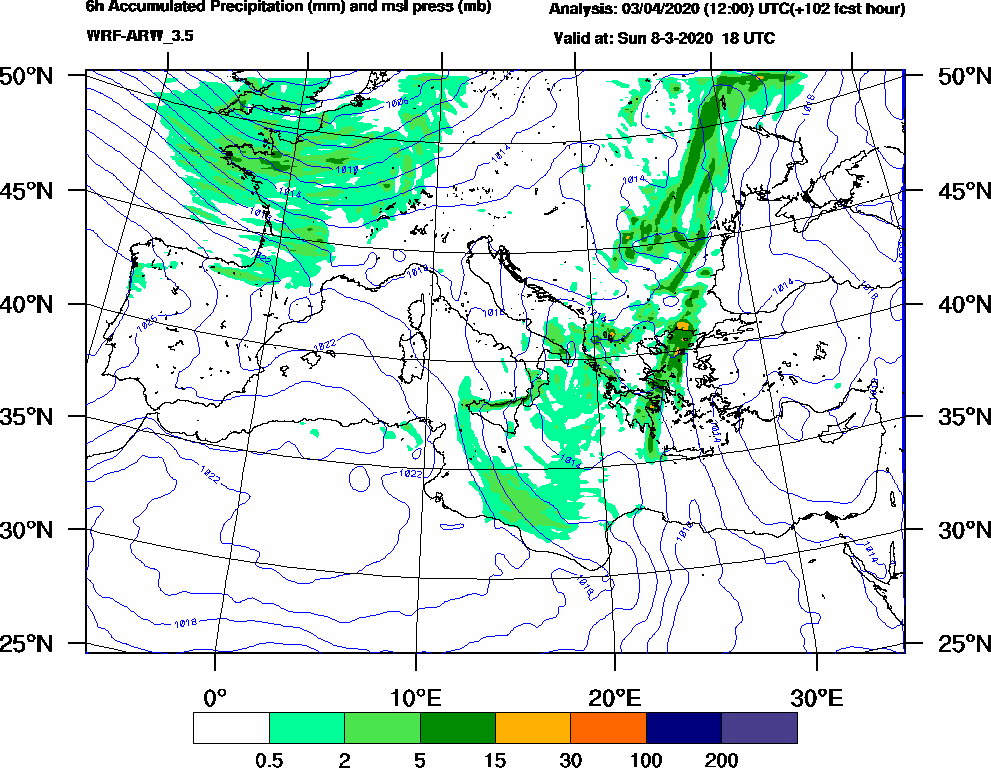 6h Accumulated Precipitation (mm) and msl press (mb) - 2020-03-08 12:00