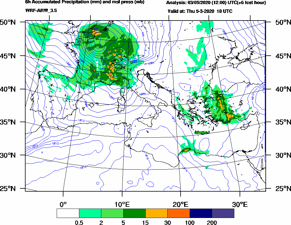 6h Accumulated Precipitation (mm) and msl press (mb) - 2020-03-05 12:00
