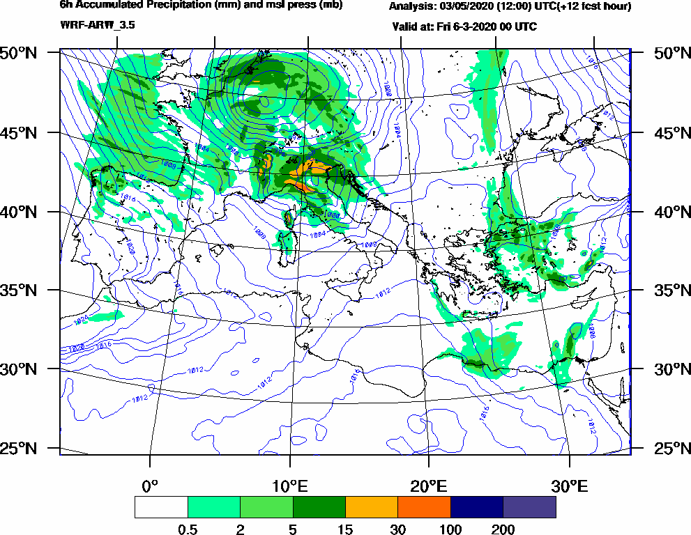 6h Accumulated Precipitation (mm) and msl press (mb) - 2020-03-05 18:00