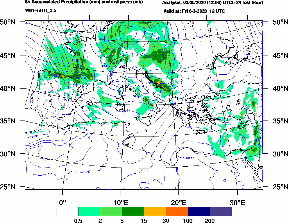 6h Accumulated Precipitation (mm) and msl press (mb) - 2020-03-06 06:00