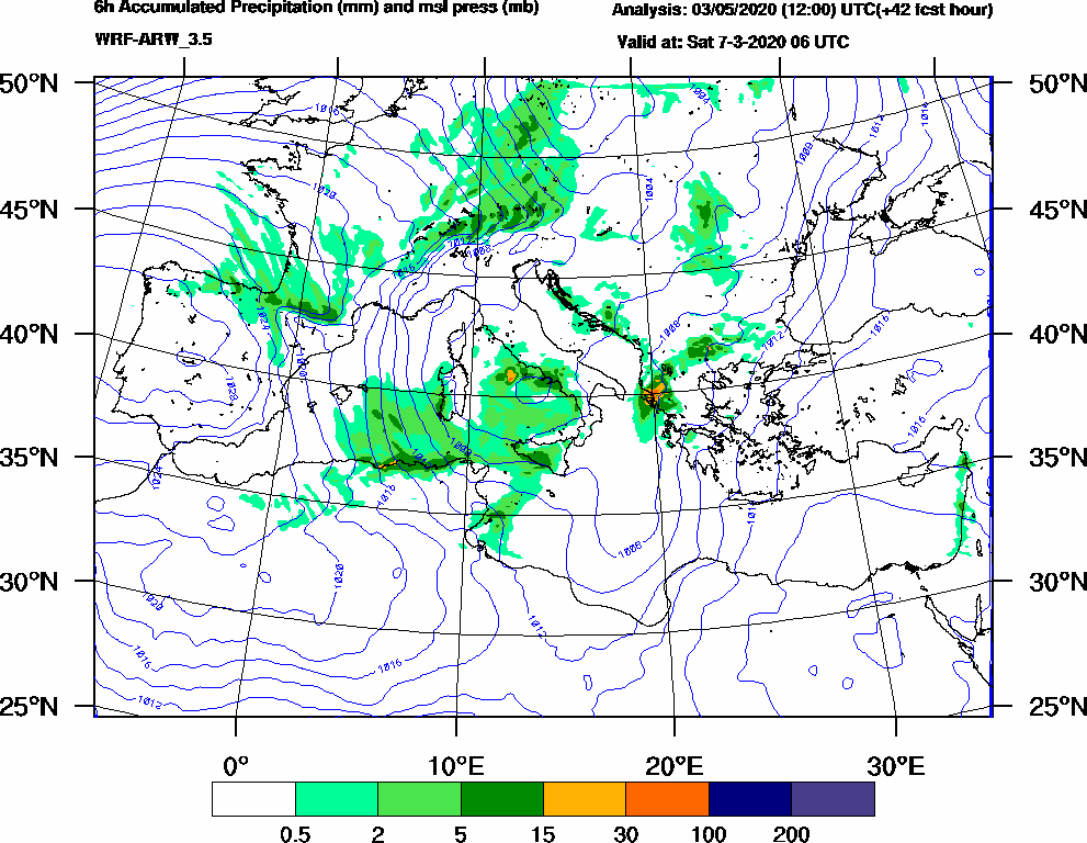 6h Accumulated Precipitation (mm) and msl press (mb) - 2020-03-07 00:00