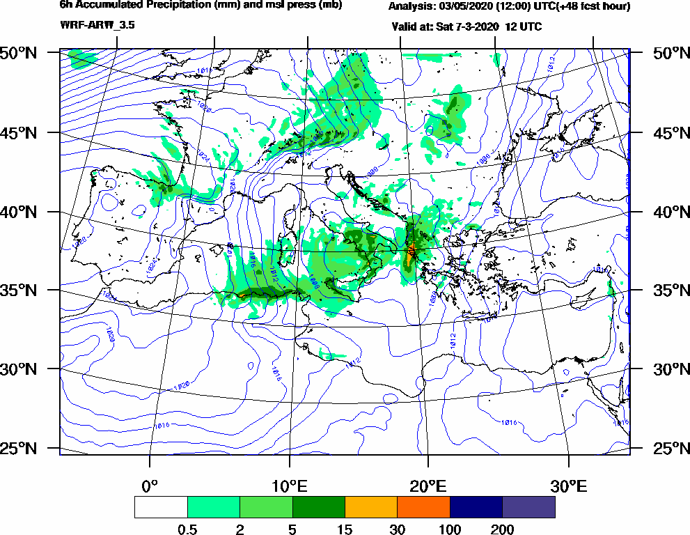 6h Accumulated Precipitation (mm) and msl press (mb) - 2020-03-07 06:00
