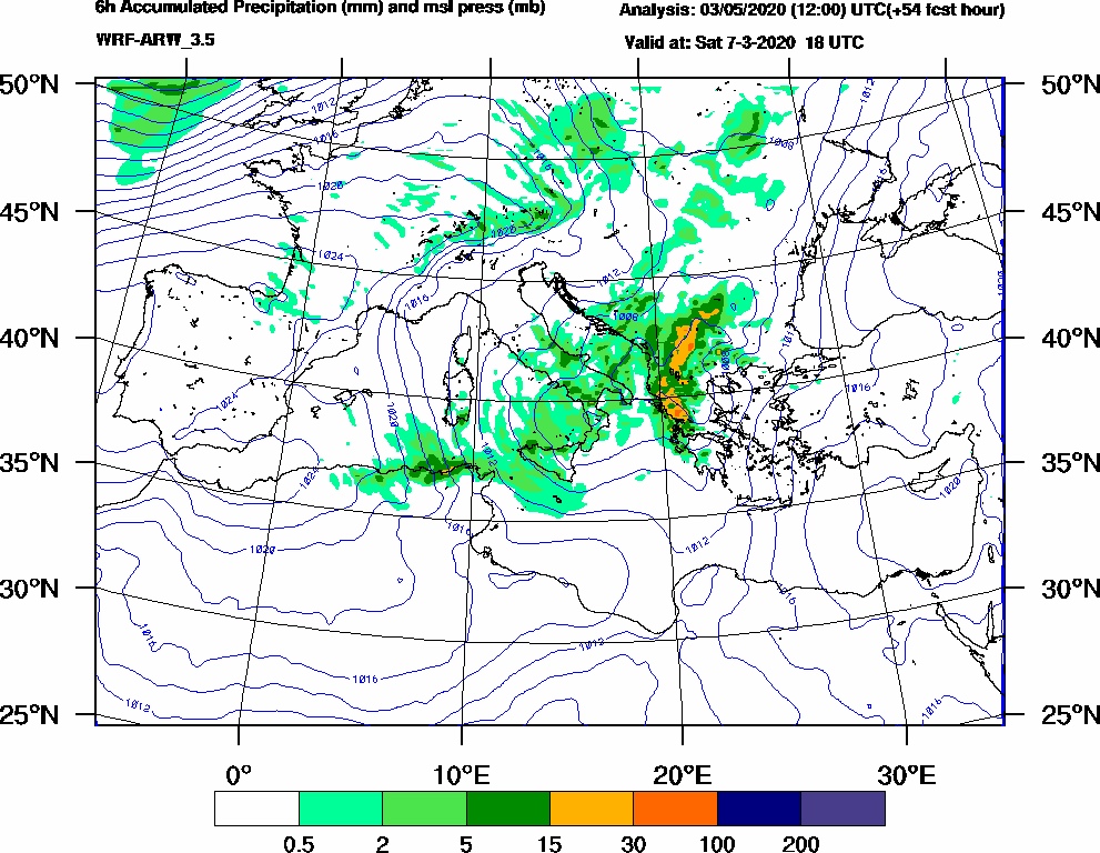 6h Accumulated Precipitation (mm) and msl press (mb) - 2020-03-07 12:00