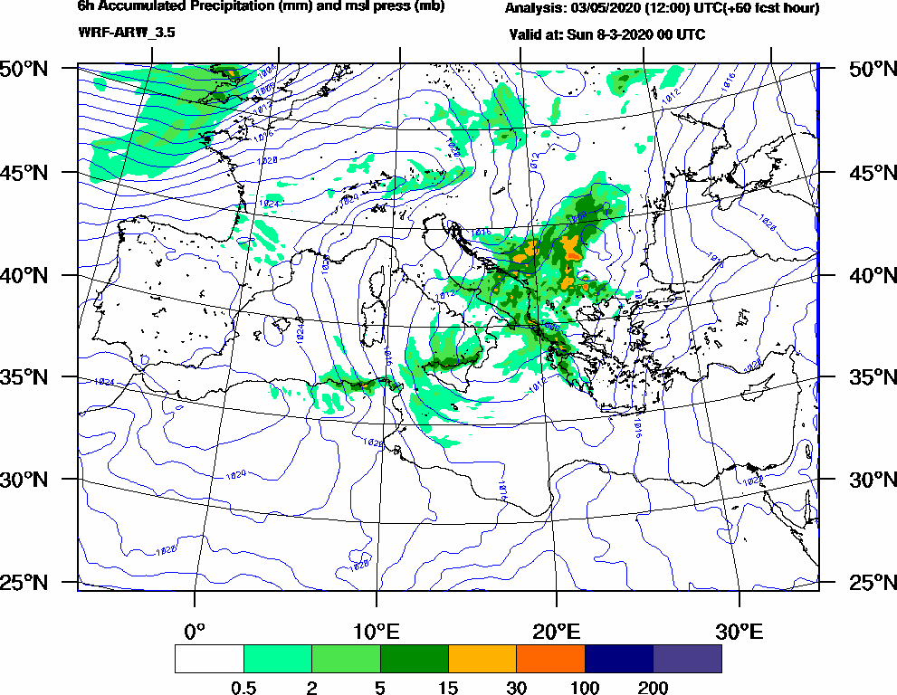 6h Accumulated Precipitation (mm) and msl press (mb) - 2020-03-07 18:00