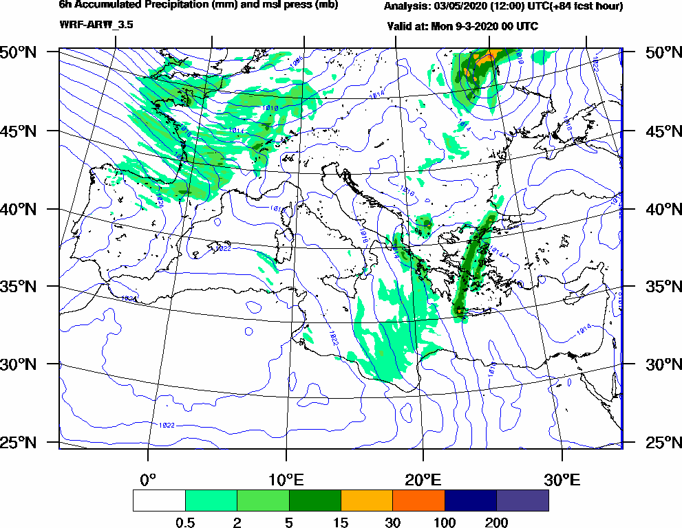 6h Accumulated Precipitation (mm) and msl press (mb) - 2020-03-08 18:00