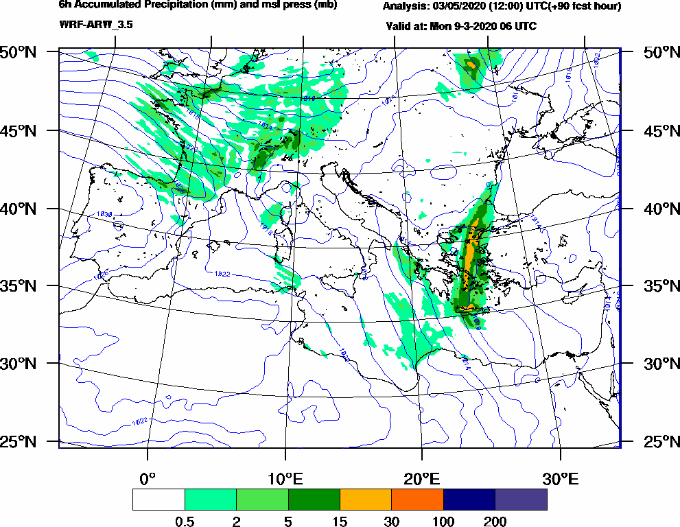 6h Accumulated Precipitation (mm) and msl press (mb) - 2020-03-09 00:00