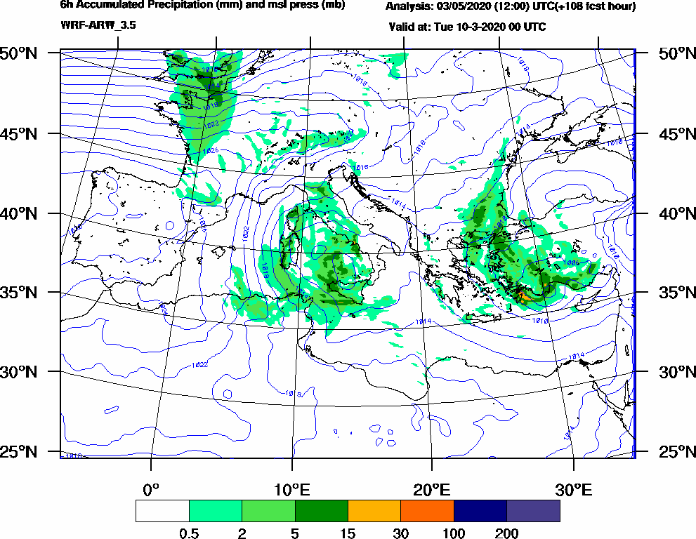 6h Accumulated Precipitation (mm) and msl press (mb) - 2020-03-09 18:00
