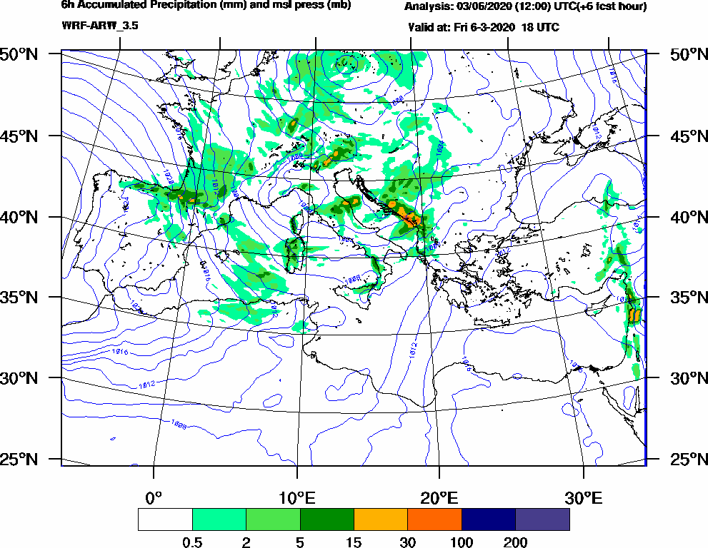 6h Accumulated Precipitation (mm) and msl press (mb) - 2020-03-06 12:00