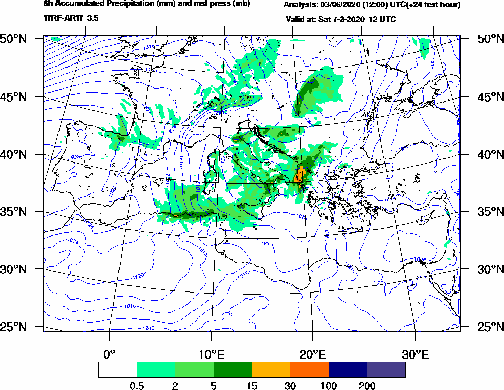 6h Accumulated Precipitation (mm) and msl press (mb) - 2020-03-07 06:00