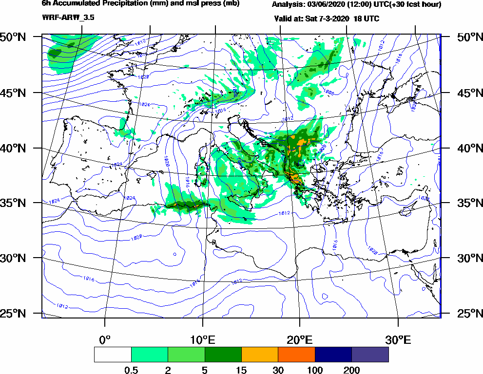 6h Accumulated Precipitation (mm) and msl press (mb) - 2020-03-07 12:00