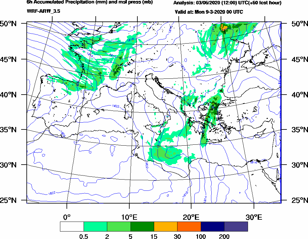 6h Accumulated Precipitation (mm) and msl press (mb) - 2020-03-08 18:00