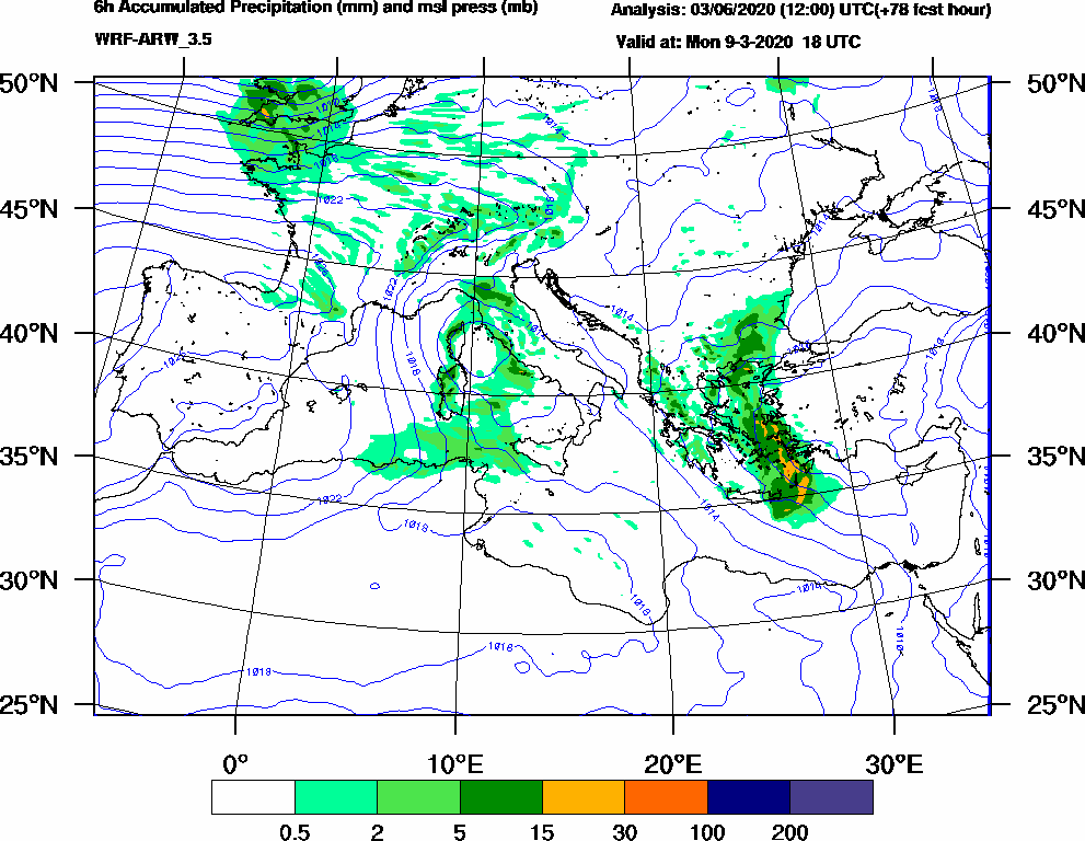 6h Accumulated Precipitation (mm) and msl press (mb) - 2020-03-09 12:00