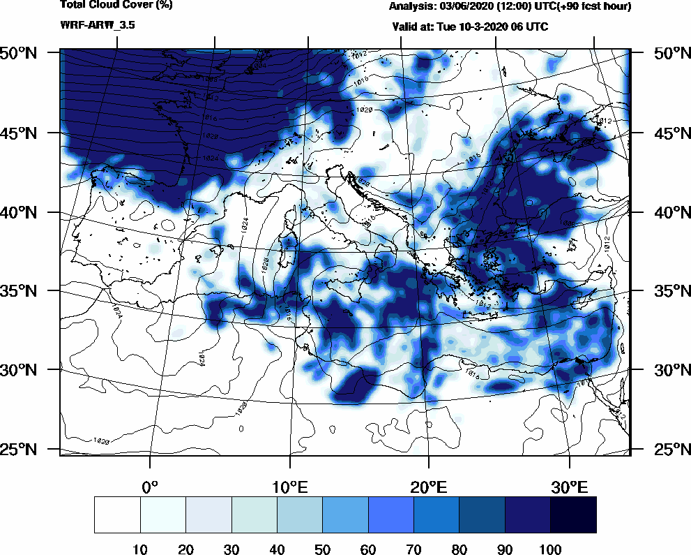Total cloud cover (%) - 2020-03-10 00:00