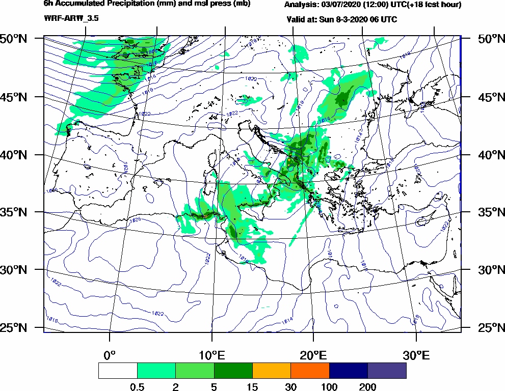 6h Accumulated Precipitation (mm) and msl press (mb) - 2020-03-08 00:00