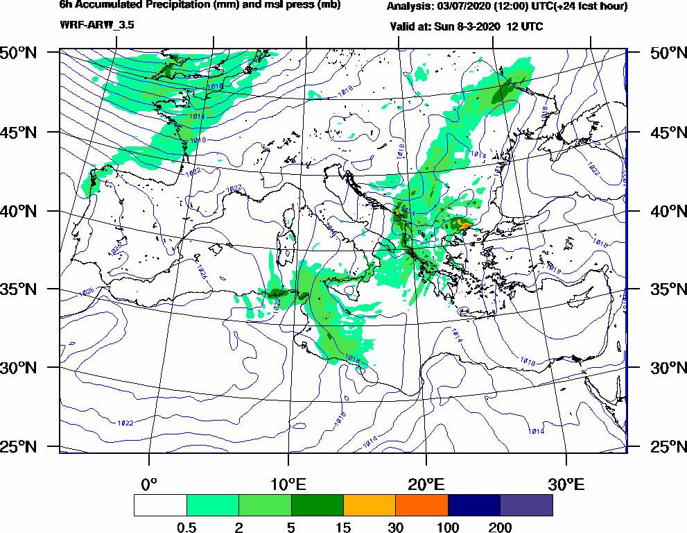 6h Accumulated Precipitation (mm) and msl press (mb) - 2020-03-08 06:00