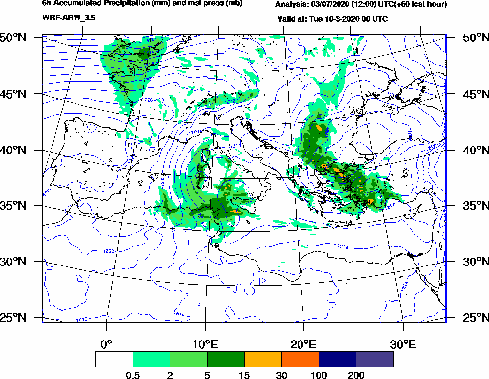 6h Accumulated Precipitation (mm) and msl press (mb) - 2020-03-09 18:00