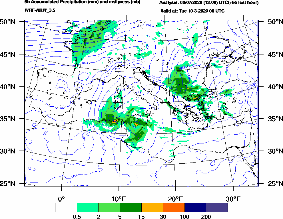 6h Accumulated Precipitation (mm) and msl press (mb) - 2020-03-10 00:00