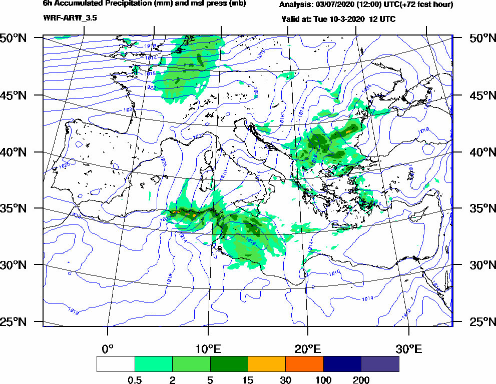 6h Accumulated Precipitation (mm) and msl press (mb) - 2020-03-10 06:00