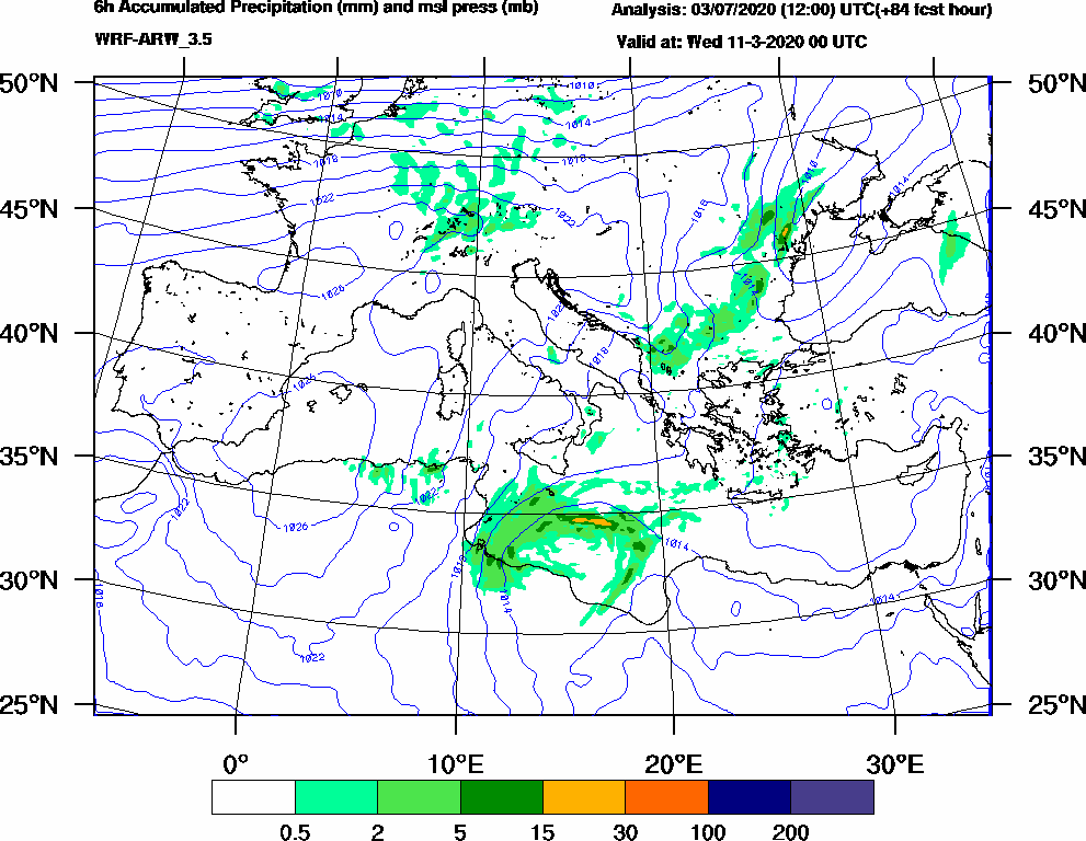 6h Accumulated Precipitation (mm) and msl press (mb) - 2020-03-10 18:00