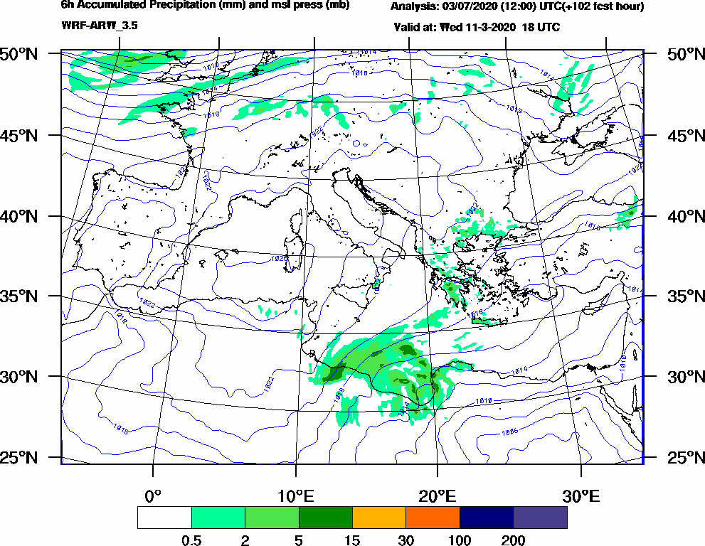 6h Accumulated Precipitation (mm) and msl press (mb) - 2020-03-11 12:00