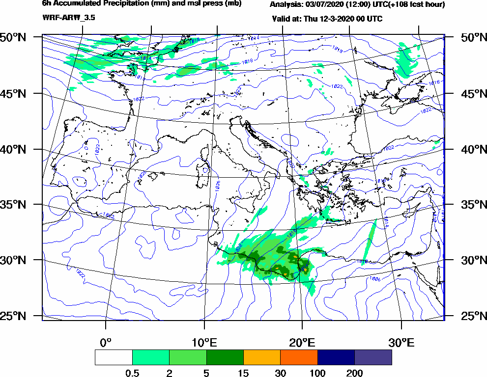 6h Accumulated Precipitation (mm) and msl press (mb) - 2020-03-11 18:00