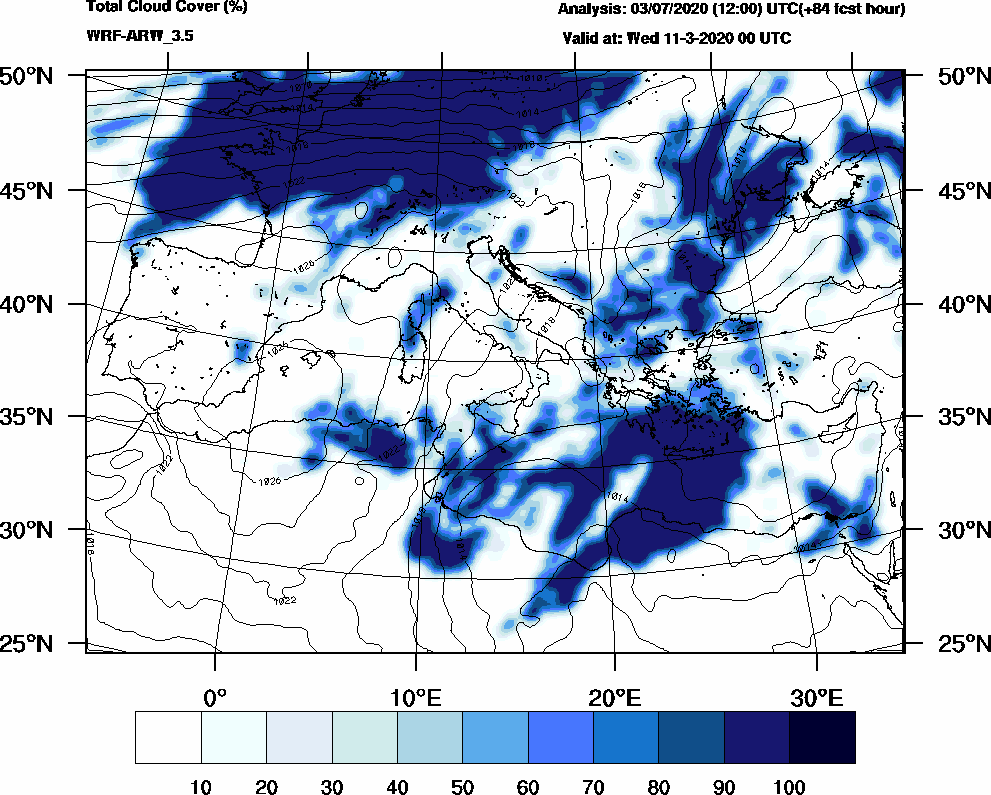 Total cloud cover (%) - 2020-03-10 18:00