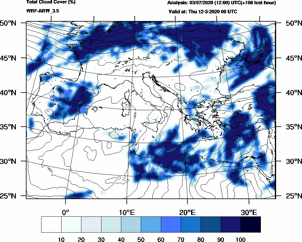 Total cloud cover (%) - 2020-03-11 18:00