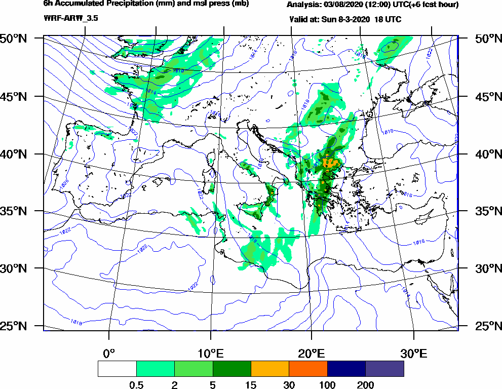 6h Accumulated Precipitation (mm) and msl press (mb) - 2020-03-08 12:00