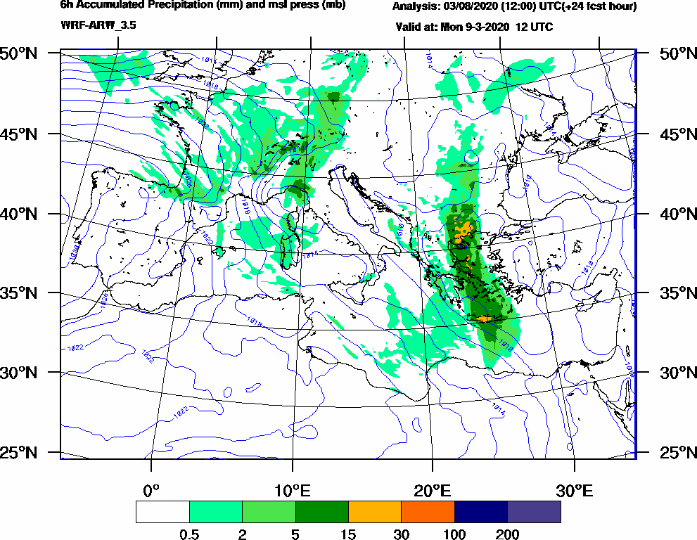 6h Accumulated Precipitation (mm) and msl press (mb) - 2020-03-09 06:00