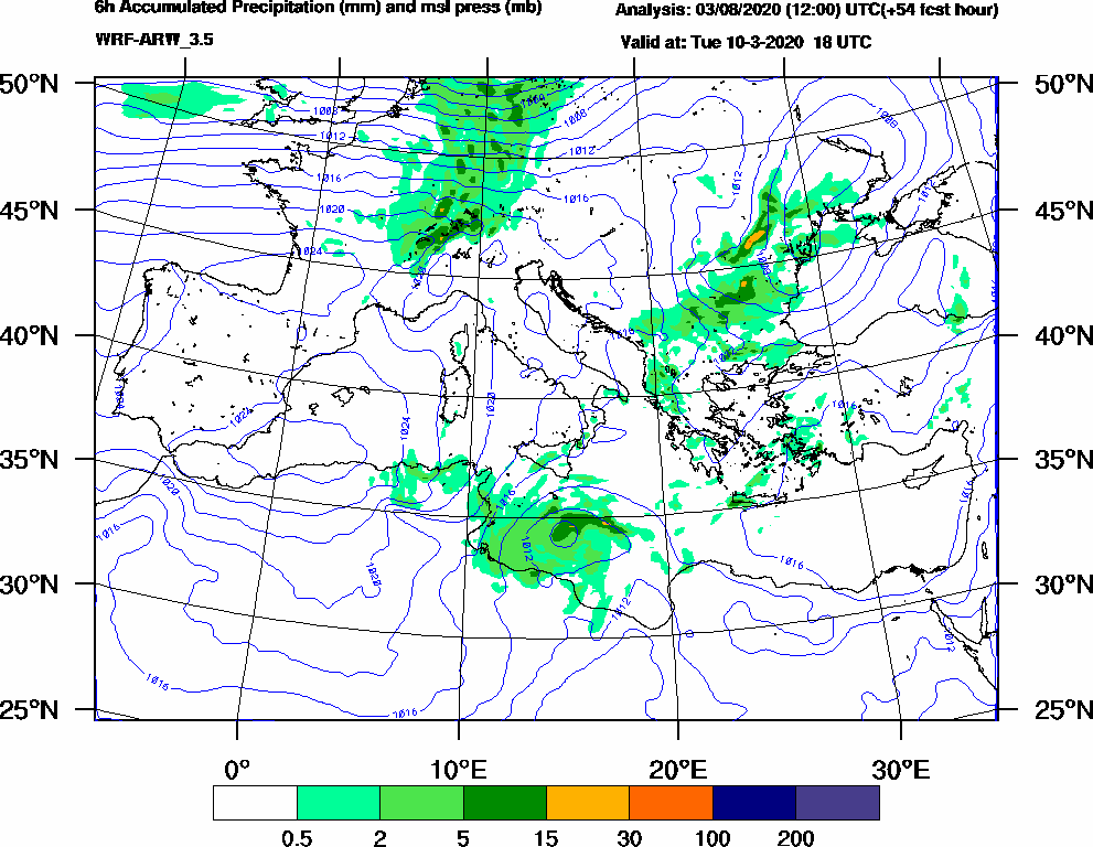 6h Accumulated Precipitation (mm) and msl press (mb) - 2020-03-10 12:00