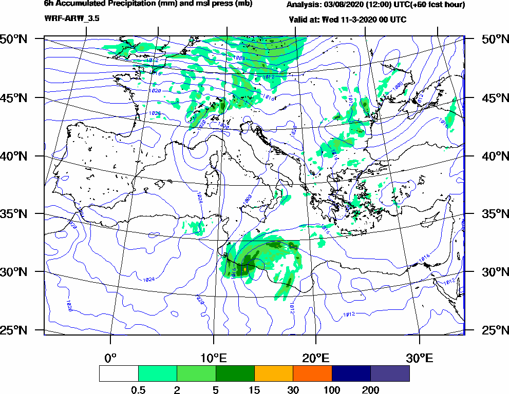 6h Accumulated Precipitation (mm) and msl press (mb) - 2020-03-10 18:00