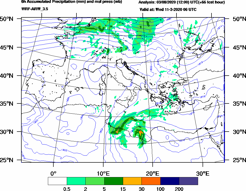 6h Accumulated Precipitation (mm) and msl press (mb) - 2020-03-11 00:00