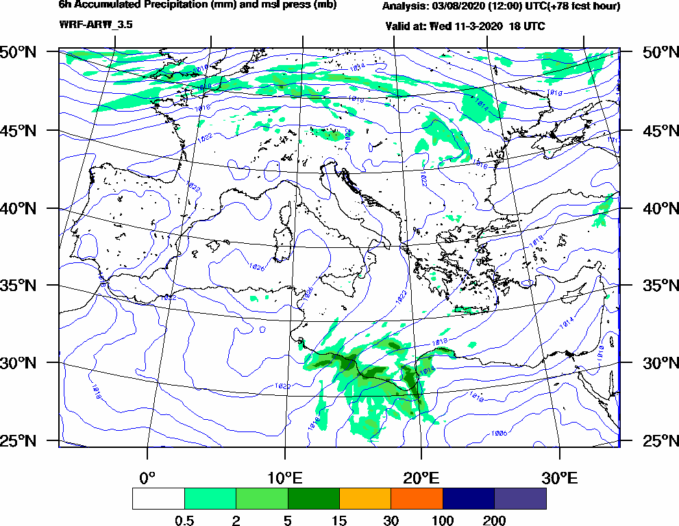 6h Accumulated Precipitation (mm) and msl press (mb) - 2020-03-11 12:00