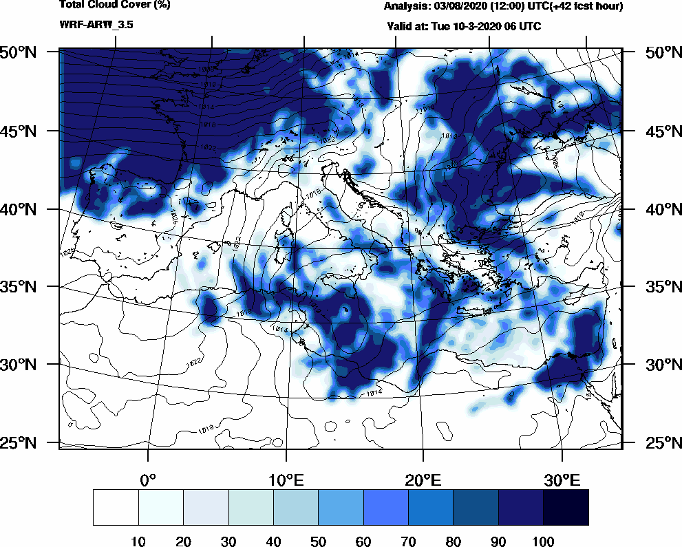 Total cloud cover (%) - 2020-03-10 00:00