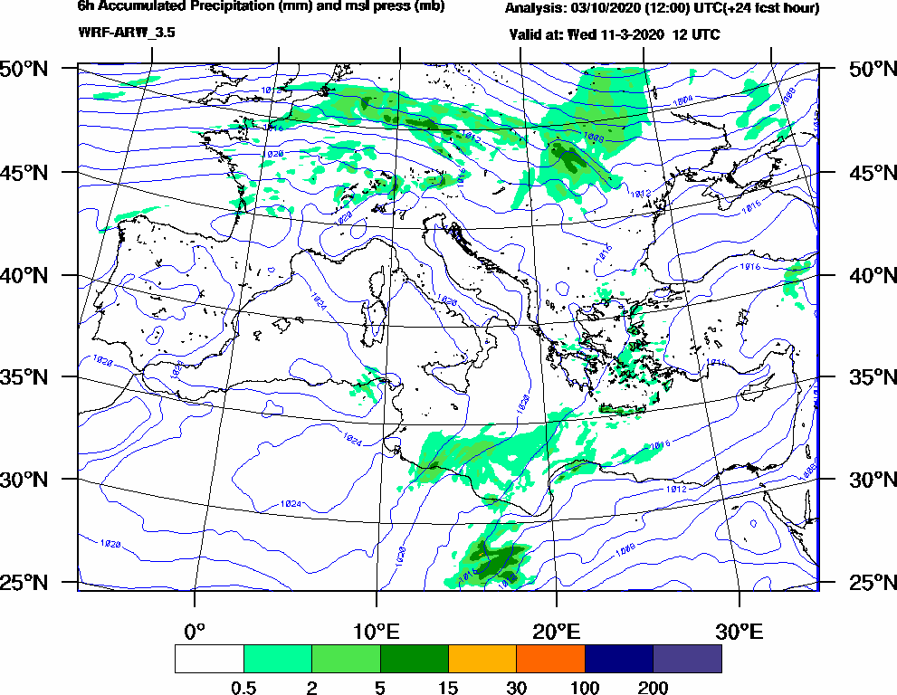 6h Accumulated Precipitation (mm) and msl press (mb) - 2020-03-11 06:00