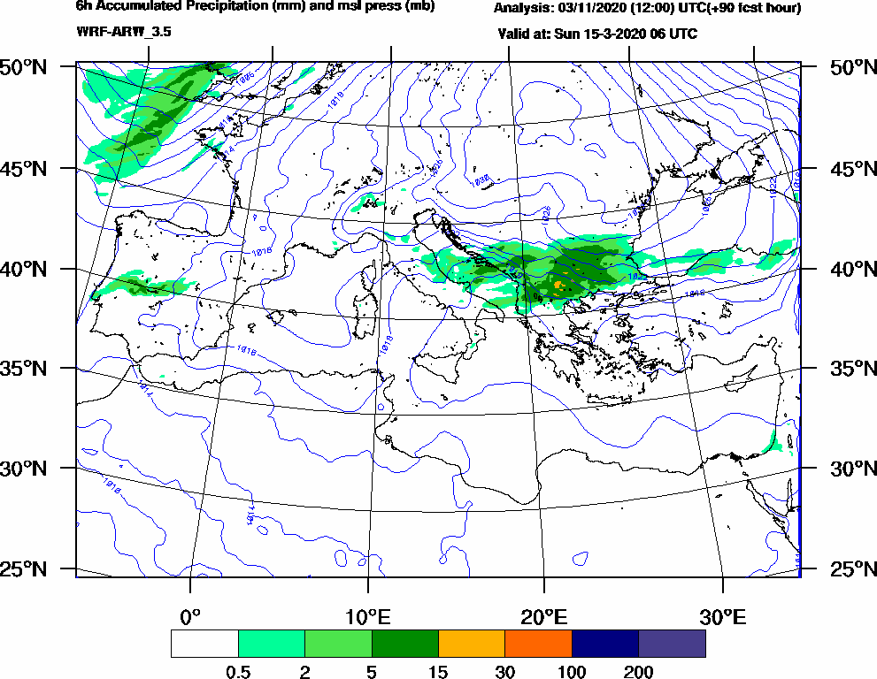 6h Accumulated Precipitation (mm) and msl press (mb) - 2020-03-15 00:00